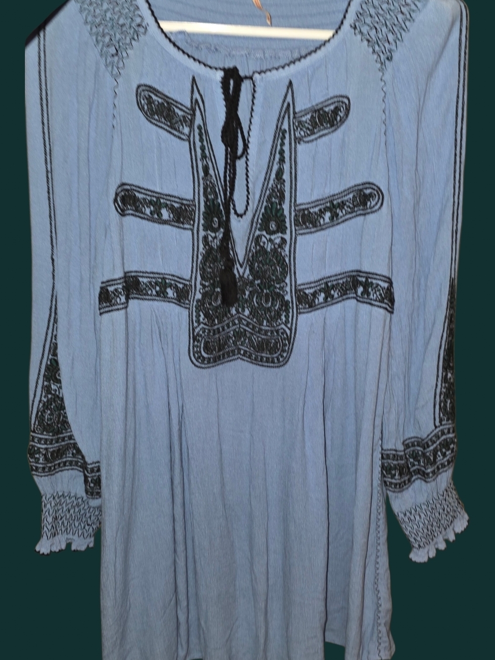 Free People Powder Blue Embroidered Peasant Dress with Green Detailing - Picture 3 of 7